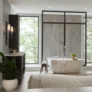 Subtle Mid-Century Modern Bathroom Inspiration - Soaker Tub and Large Windows