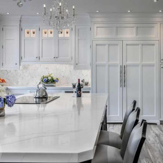 WHITE KITCHEN WITH BUILT IN FRIDGE BUILT IN STORAGE WHITE COUNTERTOPS