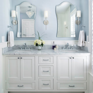 French Blue and White Bathroom- Polar White Paint on Maple; Flush Inset using Square Flat Cabinet Doors